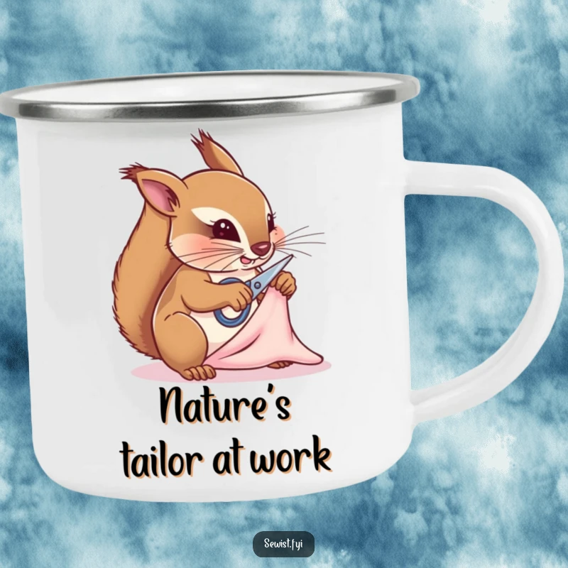 Funny squirrel tailor camping mug, a determined rodent snipping fabric, perfect for outdoor crafting and as a humorous gift for adventurers.