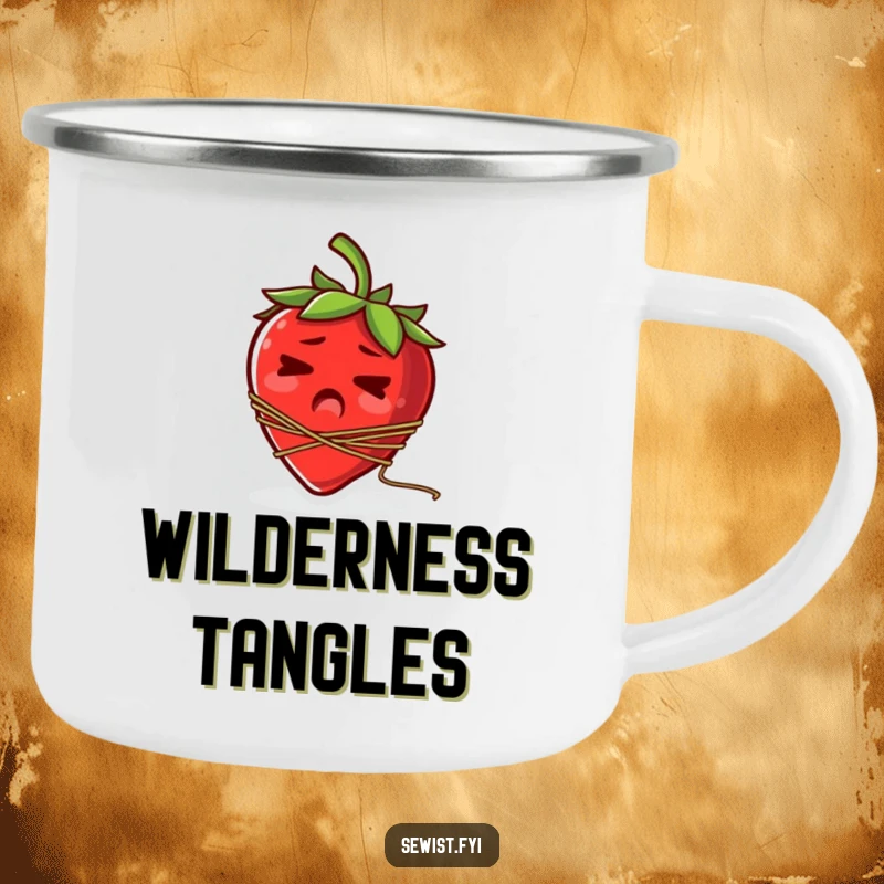 Funny camping mug with a startled strawberry comically tangled in thread, perfect for outdoor crafters.