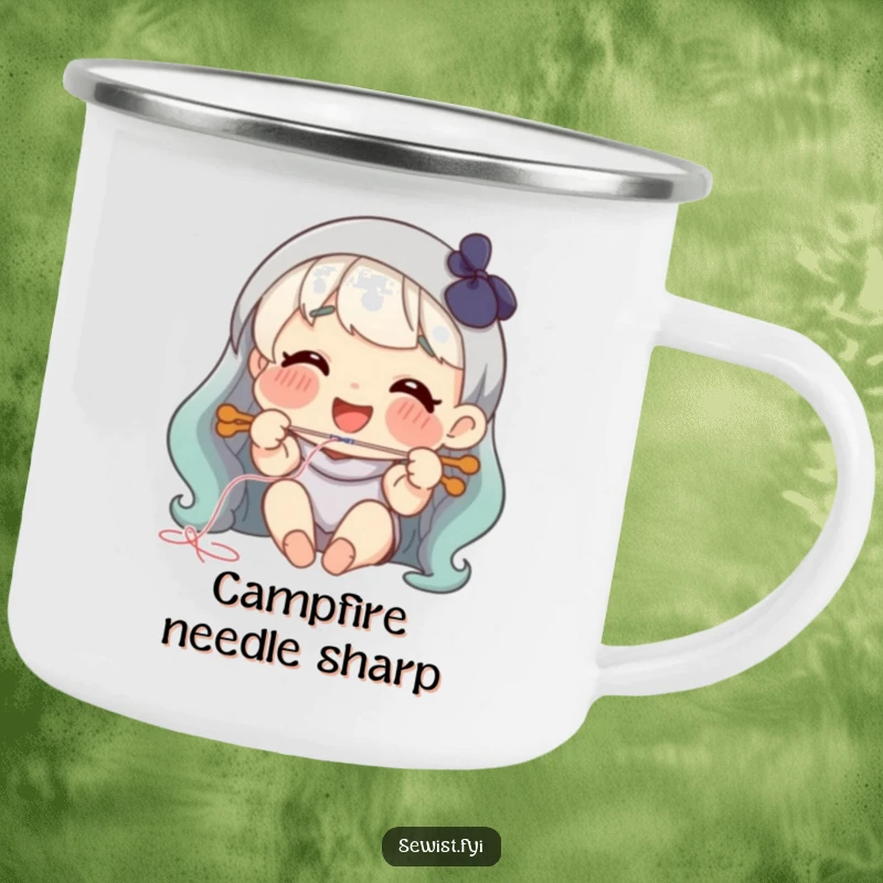 Funny threading needle camping mug, happy smiling character joyfully threading a needle outdoors.