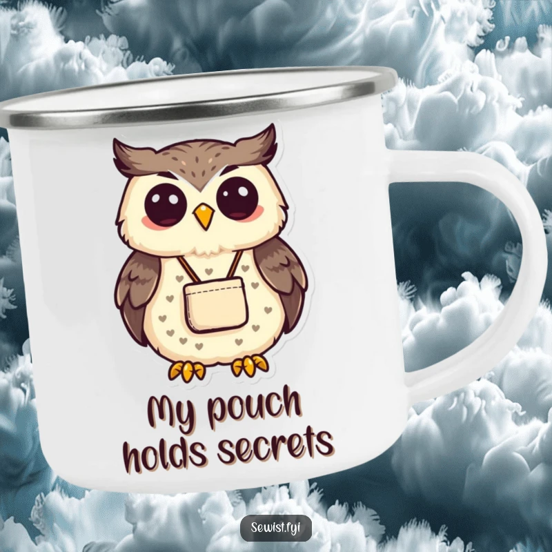 Funny proud owl displaying a small, neatly sewn pouch in an outdoor setting. Sturdy funny camping mug.