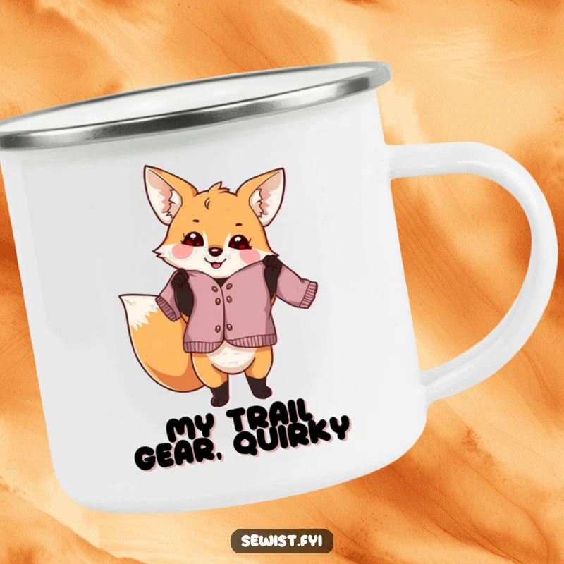 Funny fox dressmaker camping mug, a playful creature proudly holding a slightly crooked garment, ideal for outdoor crafting and as a humorous gift.