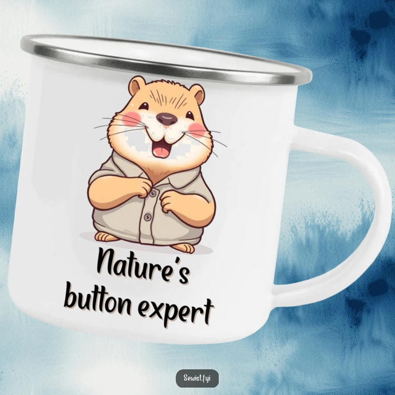 Funny Capybara Camping Mug: A calm capybara sewing a button, great for outdoor drinks and humorous relaxation, a fun gift.