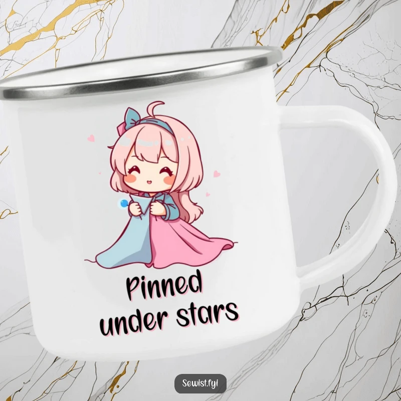 Funny camping mug featuring a happy character pinning fabric pieces together, perfect for sewing enthusiasts and outdoor coffee lovers.