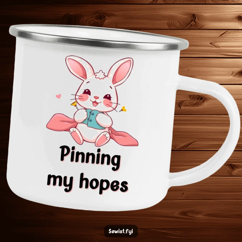 Funny Bunny Camping Mug: Enamel mug with a playful bunny pinning fabric, perfect for outdoor crafting humor, gift.