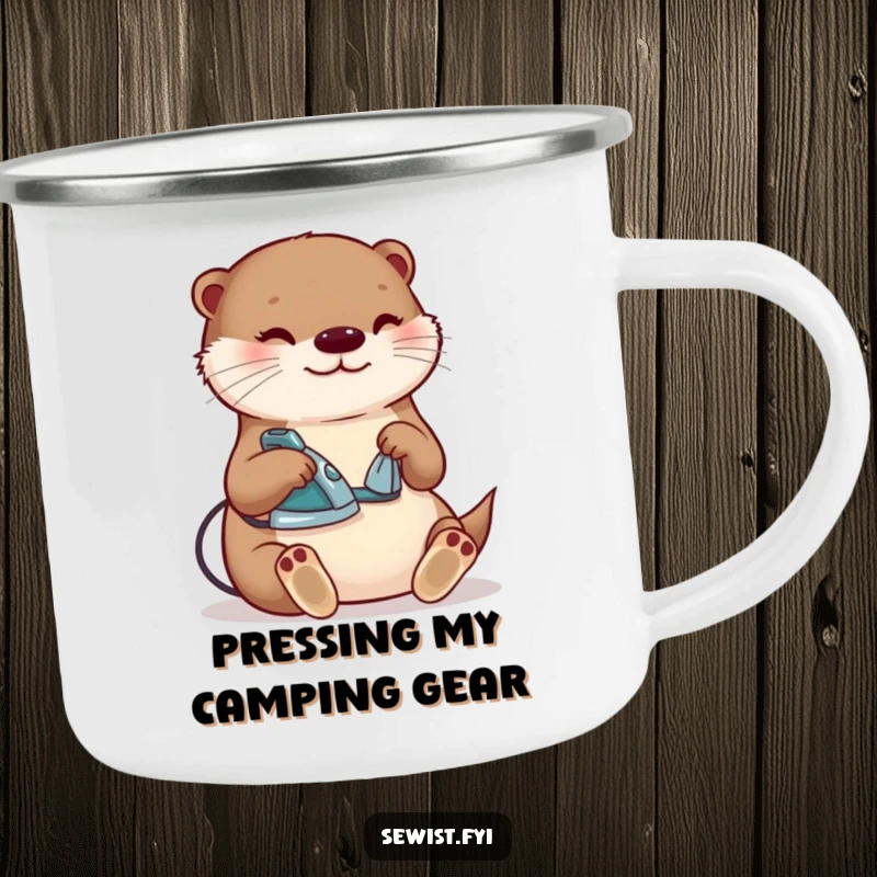 Funny otter ironing camping mug, a content creature happily pressing a seam with a tiny iron, ideal for outdoor crafting and as a humorous gift.