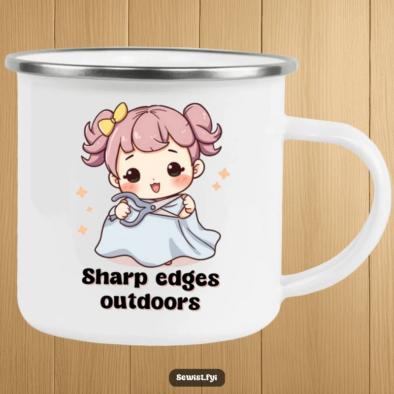 Funny camping mug featuring a character making a flourish while cutting fabric with scissors, perfect for sewing enthusiasts and outdoor adventures.