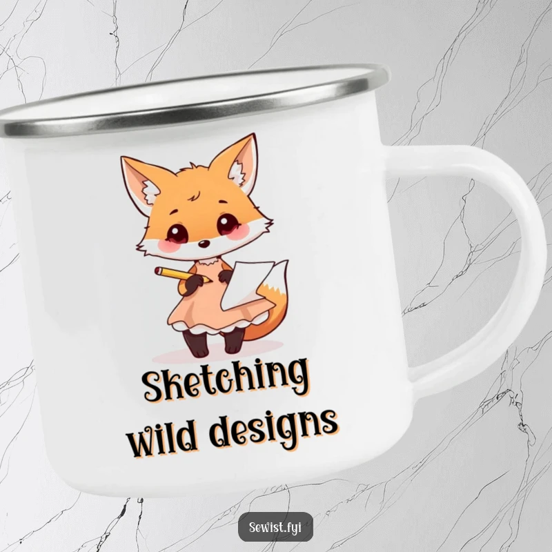 Funny fox camping mug with a playful fox sketching a dress design with a pencil, for outdoor use.