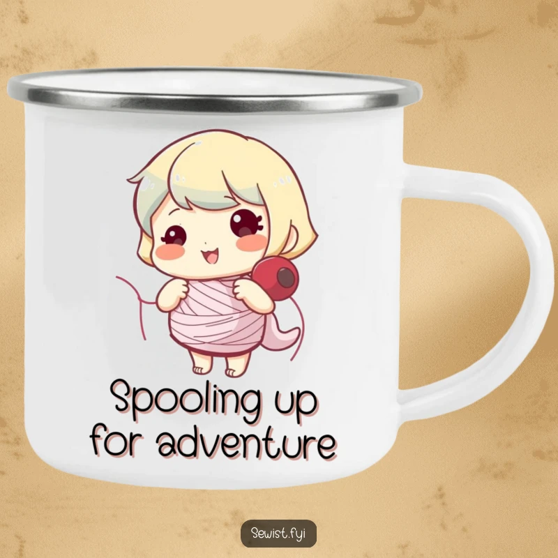 Funny camping mug depicting a happy character winding a sewing bobbin, designed for outdoor crafting fun.