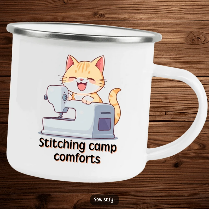 Funny camping mug with a playful cat operating a sewing machine, combining outdoor durability with a humorous crafting design.