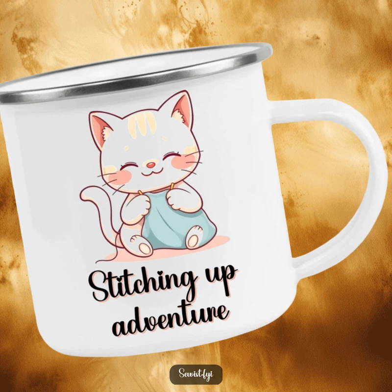 Funny cat camping mug with a happy cat sewing with a needle and thread, designed for outdoor use.
