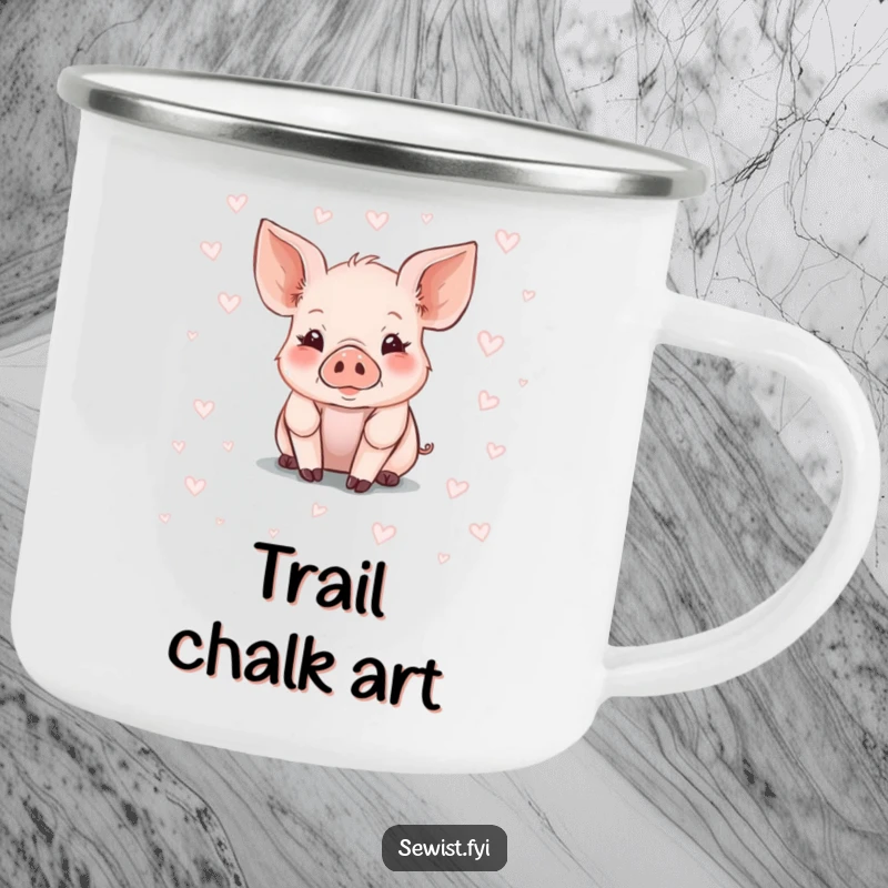 Funny Piglet Camping Mug with a cute piglet drawing fabric patterns using chalk, perfect for rustic and humorous outdoor sipping.