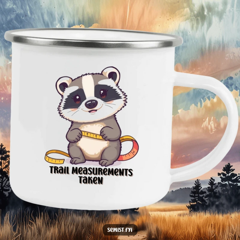 Funny camping mug: A determined badger measures fabric with a tape measure, bringing careful planning to outdoor crafting.
