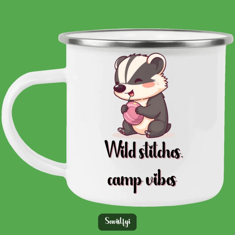 Funny Badger Tailor Camping Mug: A Cheeky Badger Spinning a Bobbin with Rhythm