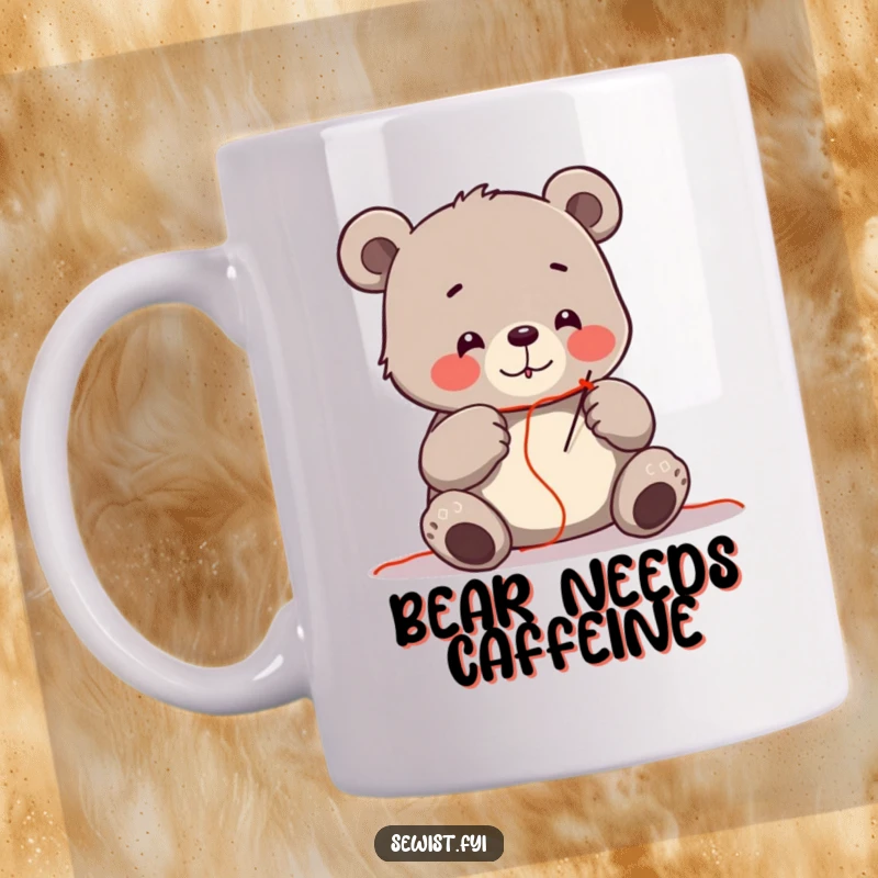 Funny mug featuring a cheerful bear carefully threading a needle with bright red thread, depicting focused crafting.
