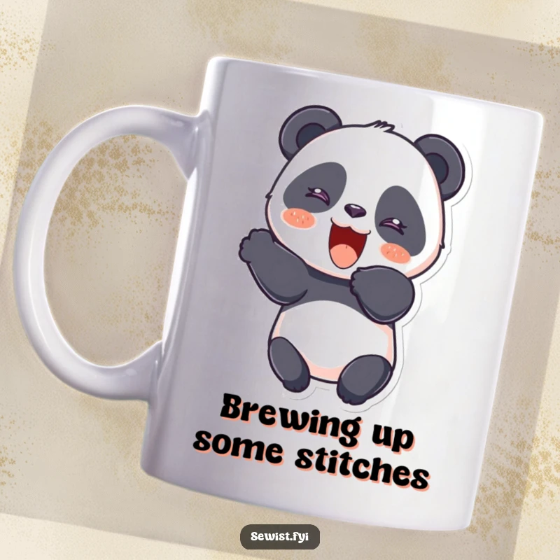 Funny Panda Mug showing a giggling panda cutting fabric with a cheerful flourish, embodying the joy of sewing.