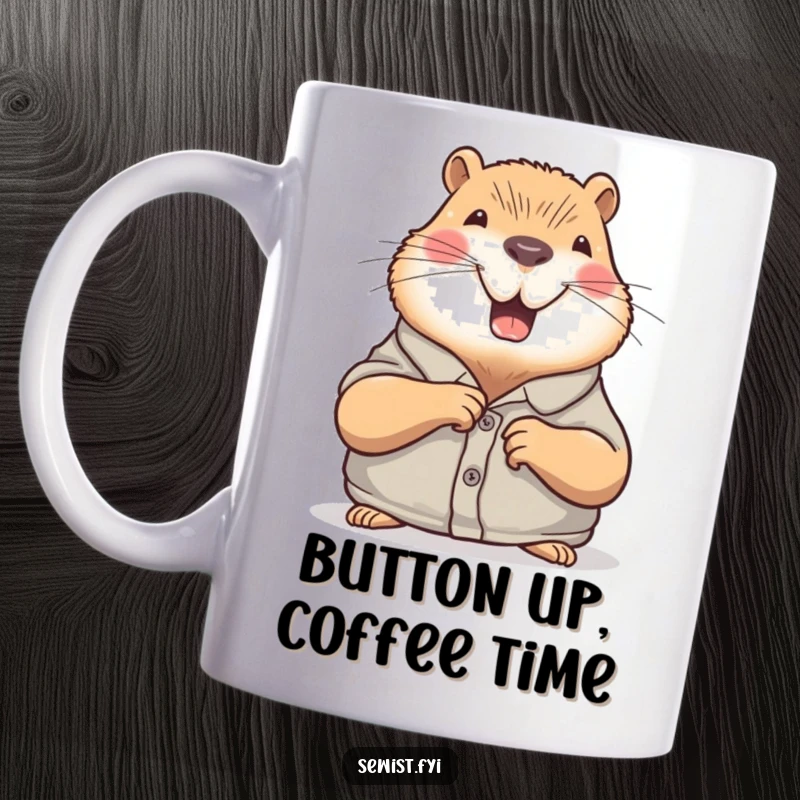 Funny Capybara Mug: A joyful capybara calmly sewing a button onto a shirt, a humorous and relaxing gift for crafters.