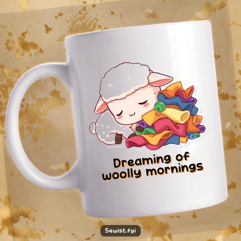 Funny sleepy sheep mug, a tired creature dozing next to fabric scraps, celebrating crafting and rest with humor for a gift.