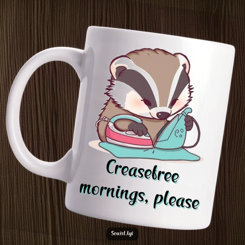 Funny Badger Ironing Mug - A meticulous badger uses a tiny iron to flatten a seam, showcasing hilarious perfectionism.
