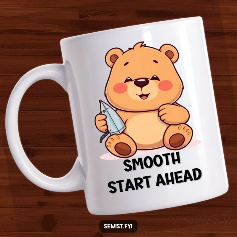 Funny Mug: A jovial bear focuses intently while ironing seams, showing dedication and neatness humorously.