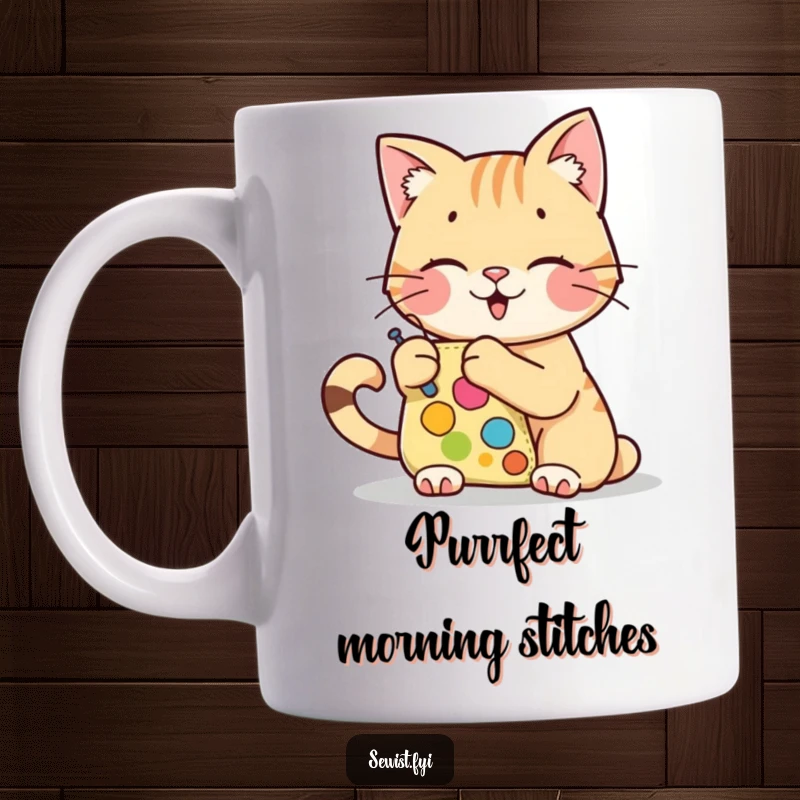 Funny cheerful cat character stitching a colorful patch onto fabric, perfect for a funny crafter gift mug.