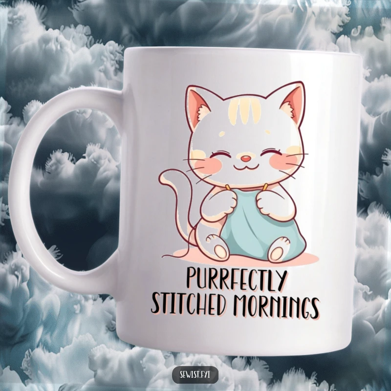 Funny cat mug with a happy cat carefully sewing with a needle and thread, smiling and enjoying its craft.