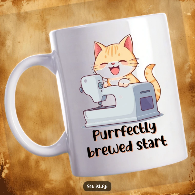 Funny mug featuring a playful cat smoothly operating a sewing machine with a happy grin, perfect for crafters and cat lovers.