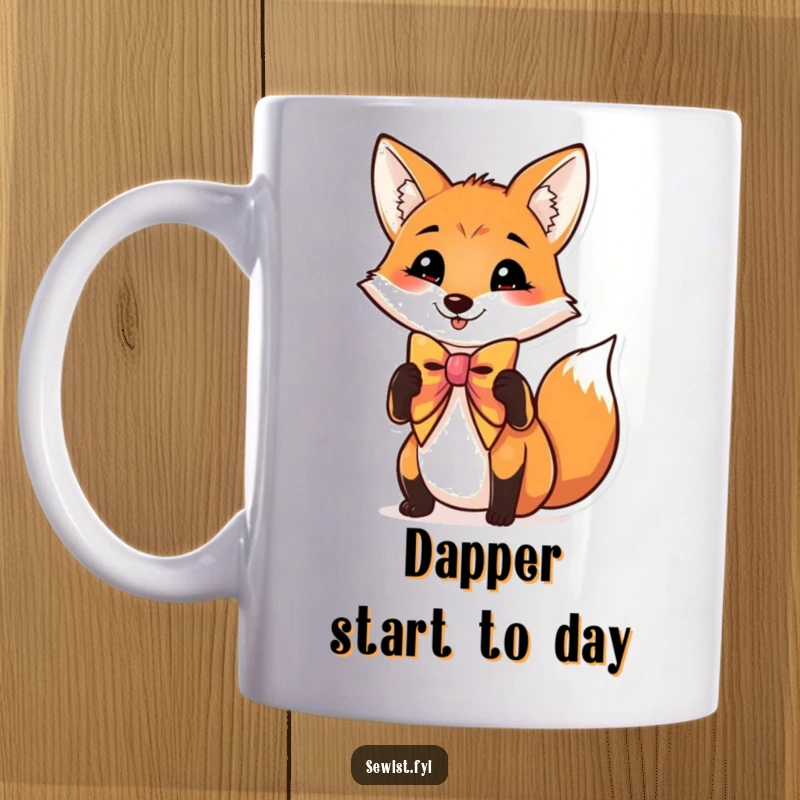 Funny mug featuring a charming fox happily adjusting a vibrant bow tie with a flourish, perfect for stylish gift-givers.