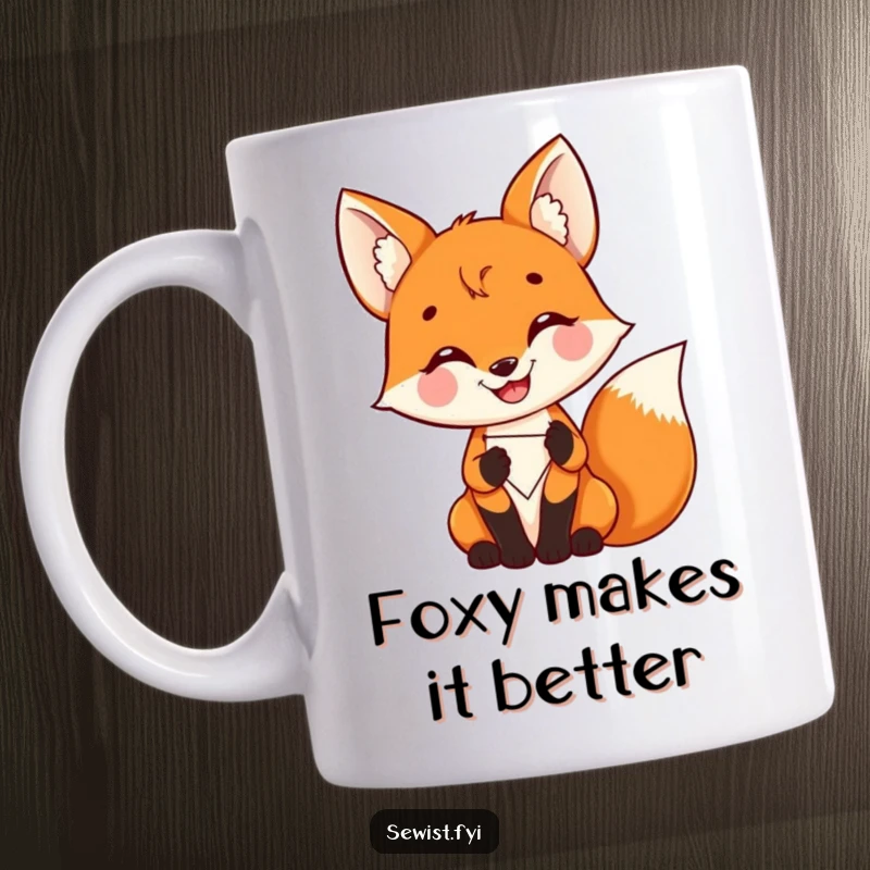 Funny Fox Mug: A delighted fox proudly stitching a colorful patch with a proud grin, celebrating crafting, perfect gift.