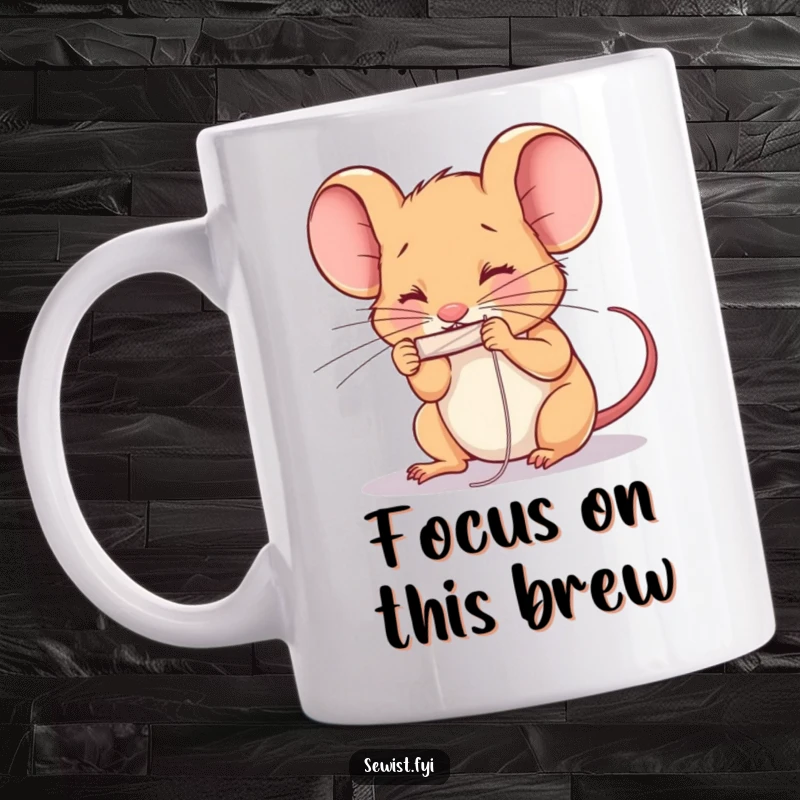 Funny determined mouse threading a needle with intense concentration, focused on sewing. Ideal funny mug.