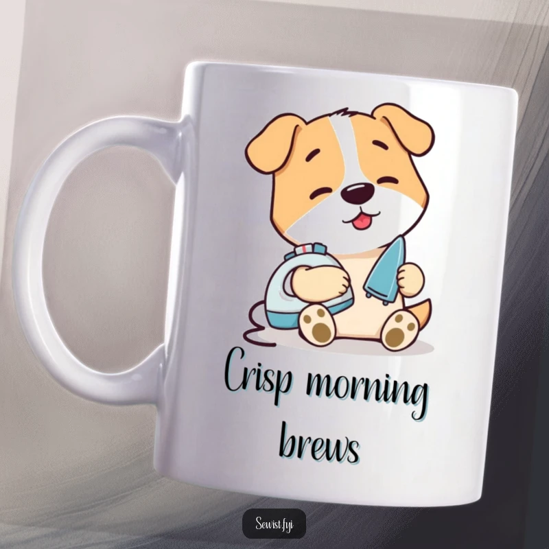 Funny Dog Ironing Seam Mug: A contented dog character carefully ironing a tiny seam with a miniature iron, evoking domestic tidiness humor.
