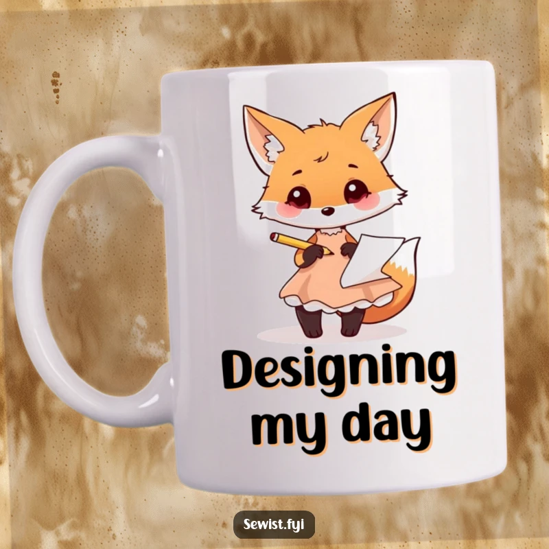 Funny fox mug with a playful fox sketching a dress design with a pencil and paper, looking inspired.