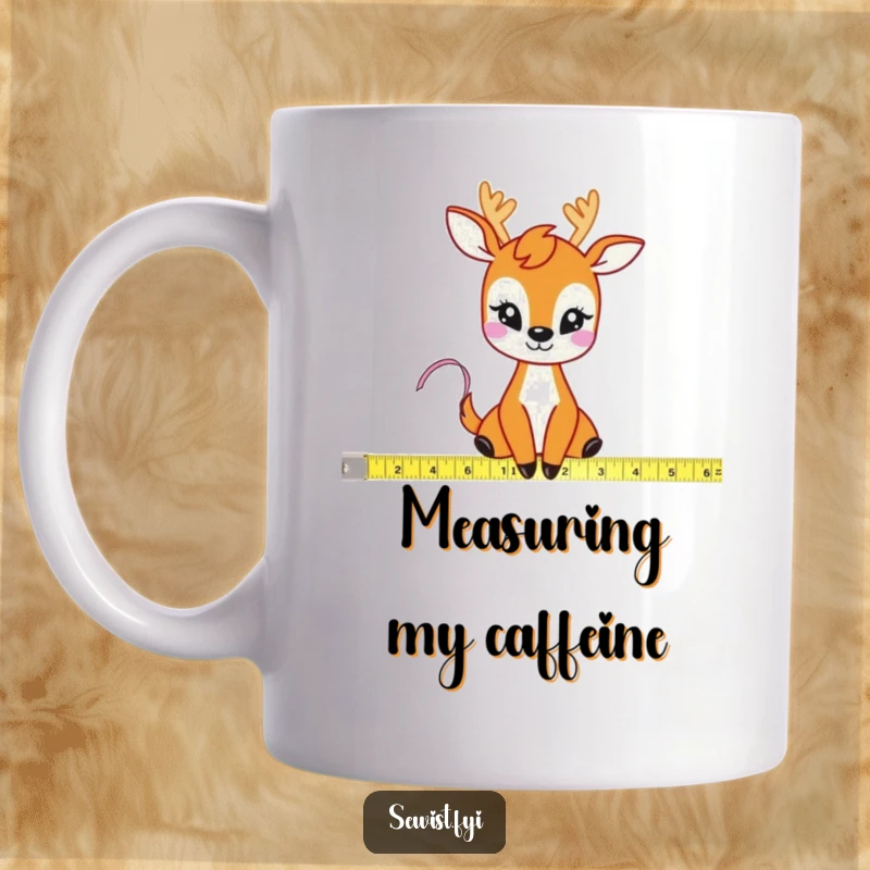 Funny Giggling Deer Measuring Tape Mug: A joyful deer character measuring fabric with a flexible tape measure, embodying creative fun.