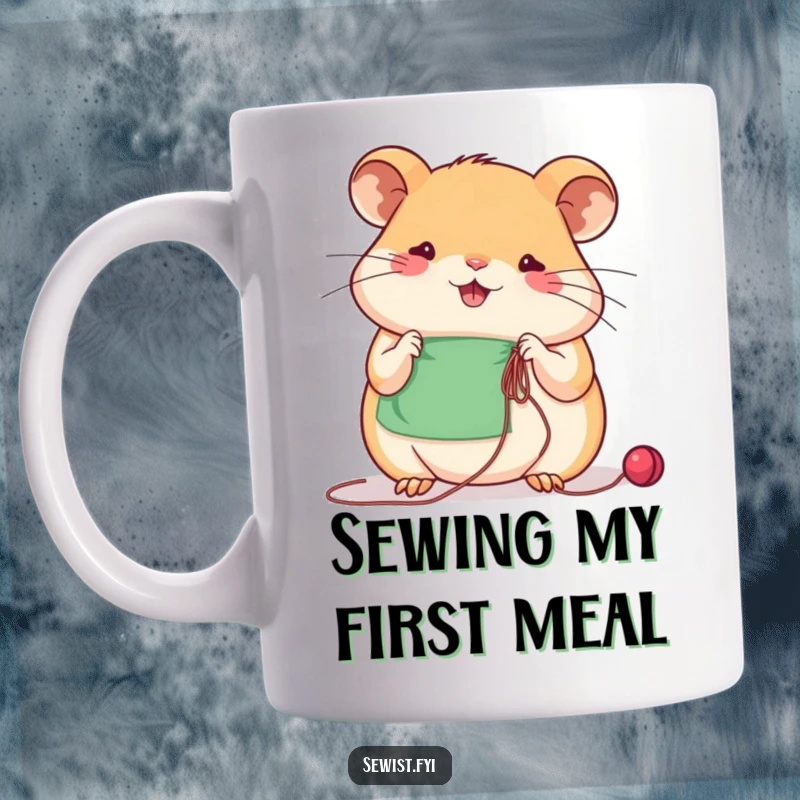 Funny beaming hamster intently uses a needle and thread with great concentration while sewing.