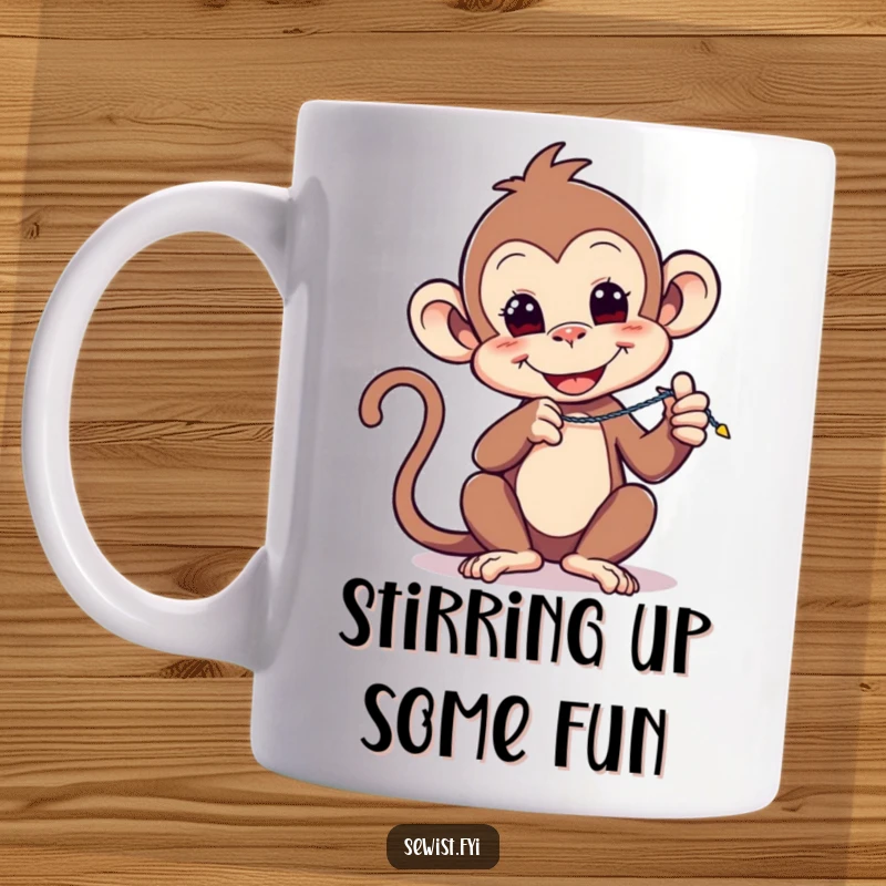 Funny mug: A playful monkey enthusiastically demonstrates a zigzag stitch, showcasing sewing techniques with energetic flair.