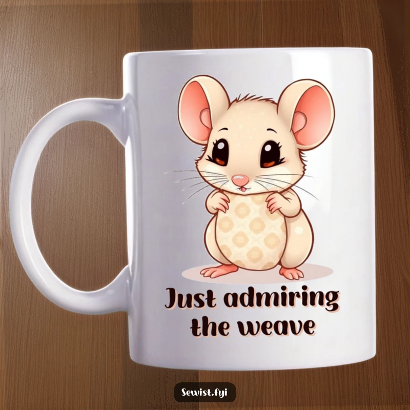 Funny Mouse Mug: Curious mouse with wide eyes examining patterned fabric, perfect for textile enthusiasts and detail lovers.