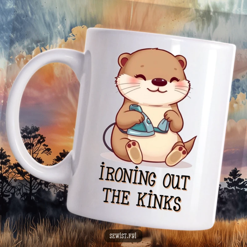 Funny otter ironing mug, a content creature happily pressing a seam with a tiny iron, celebrating sewing and crafting with humor for a gift.