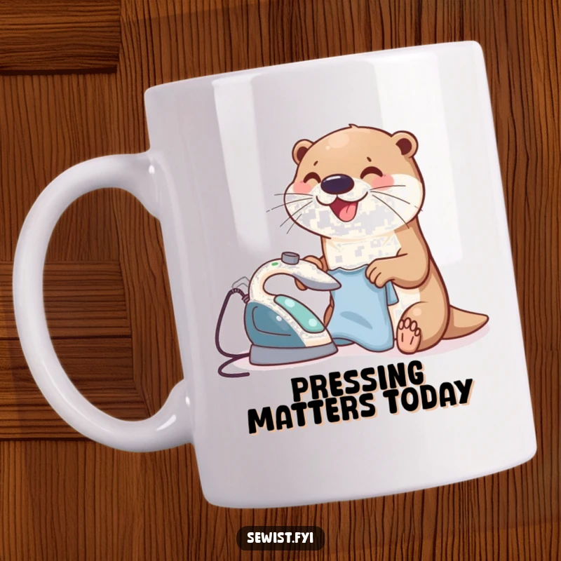 Funny Otter Ironing Mug featuring a happy otter meticulously ironing a small garment with a tiny iron, showcasing neatness and joy.