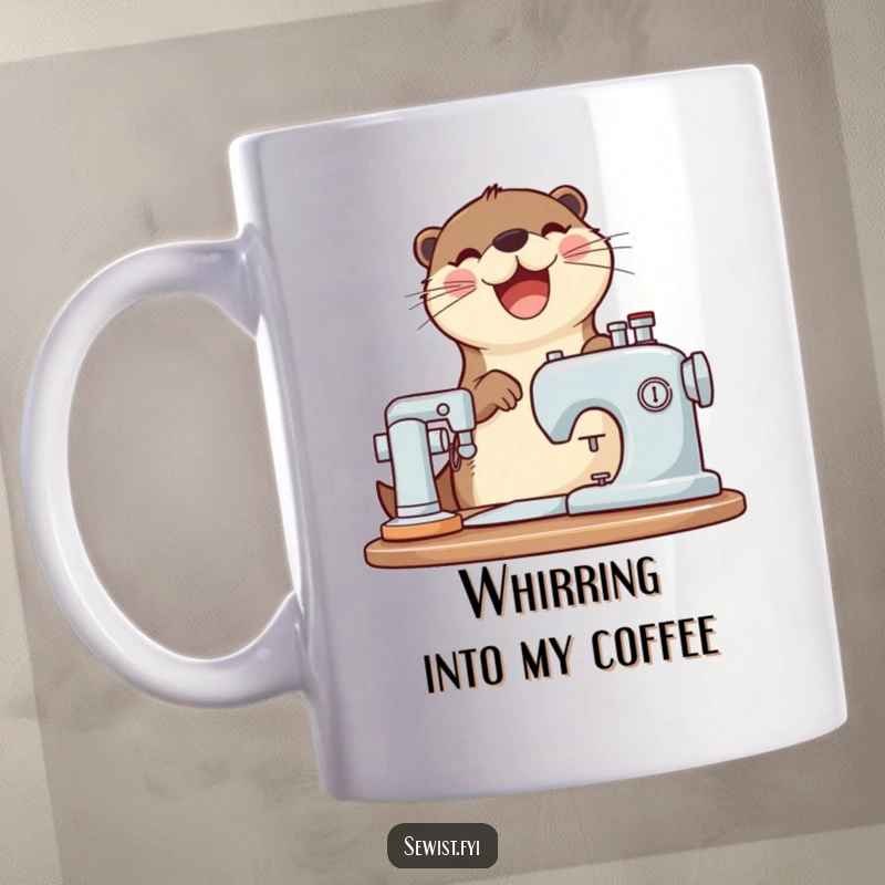 Funny otter mug with a joyful otter happily operating a sewing machine with a cheerful whirring sound.
