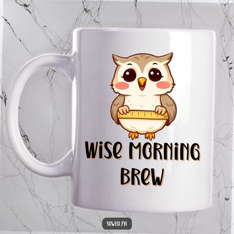 Funny Mug: A delighted owl uses a tape measure on cloth, showcasing wisdom and precision humorously.