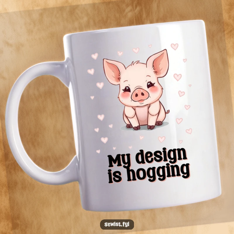 Funny Piglet Mug with a cute piglet drawing fabric patterns with chalk, showcasing artistic talent and farm humor.