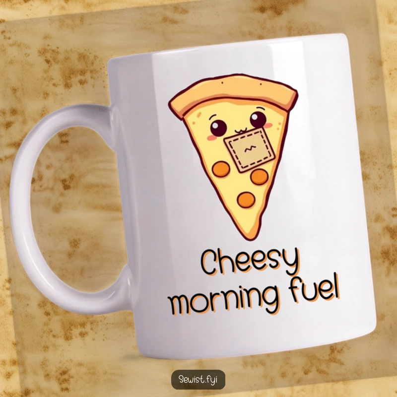 Funny mug with a proud pizza slice displaying a small stitched patch, celebrating the humor of pizza and sewing.