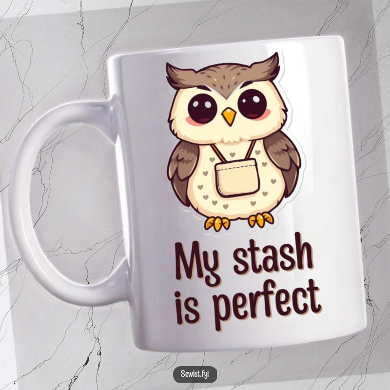 Funny proud owl displaying a small, neatly sewn pouch with immense pride. Ideal funny mug.