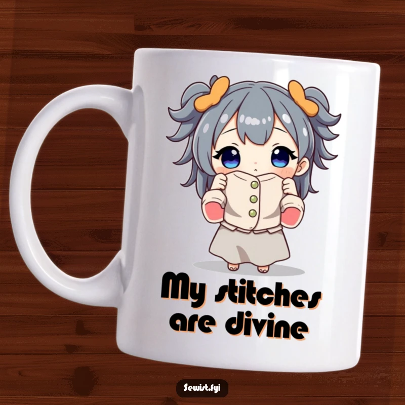 Funny mug showing a proud character holding up a perfectly sewn garment, celebrating crafting success and sewing skills.