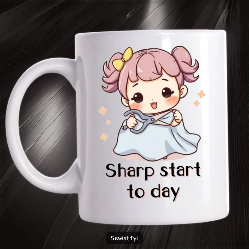 Funny mug showing a character skillfully cutting fabric with scissors in a flourish, celebrating the precise and artistic nature of sewing.