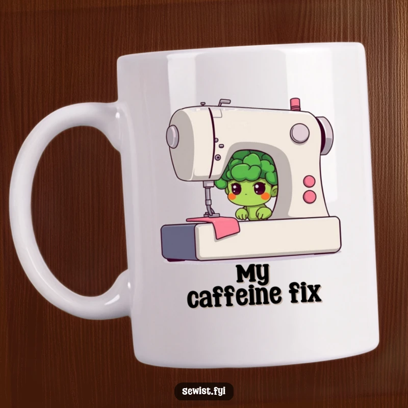Funny broccoli mug with a shy floret hiding behind a giant sewing machine, showing a determined yet timid crafter.