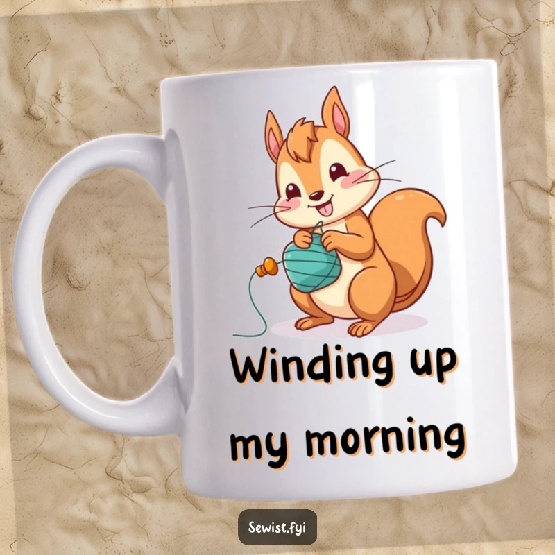 Funny Squirrel Mug: A jolly squirrel character winding a bobbin with great speed, showcasing energetic crafting.
