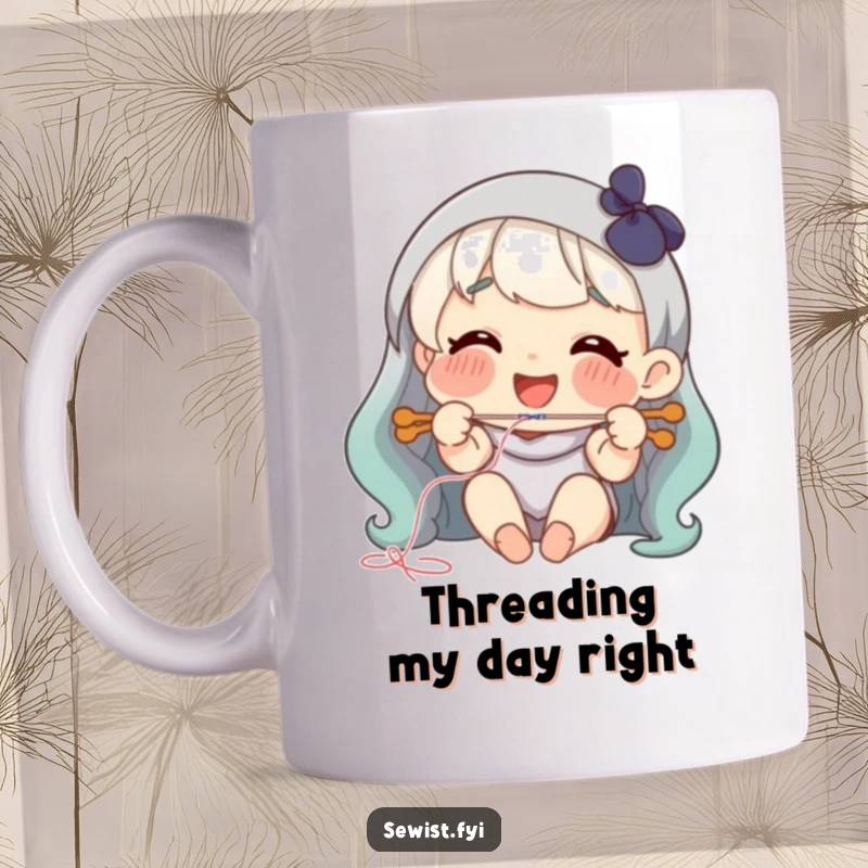 Funny threading needle mug, happy character smiling while joyfully threading a needle.