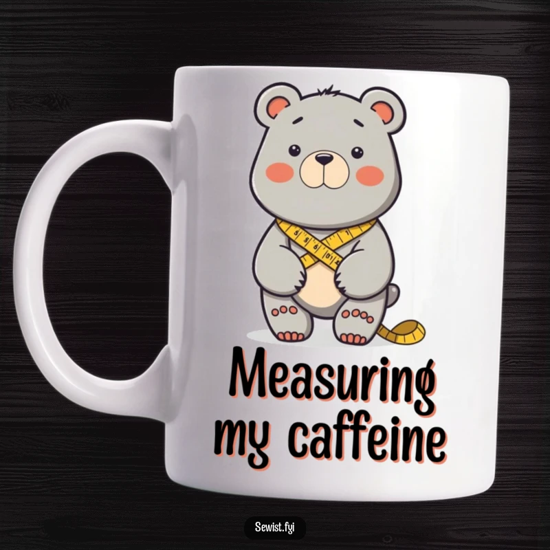 Funny determined bear measuring fabric with a tape measure around its neck, ready to sew. Ideal funny mug.