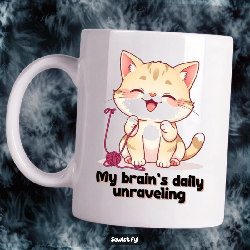 Funny Cat Mug: Mischievous kitty batting colorful yarn, giggling with delight, a playful scene for cat lovers.