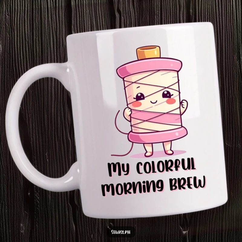 Funny mug showing a proud character displaying a large, colorful sewing spool with excitement and flair.